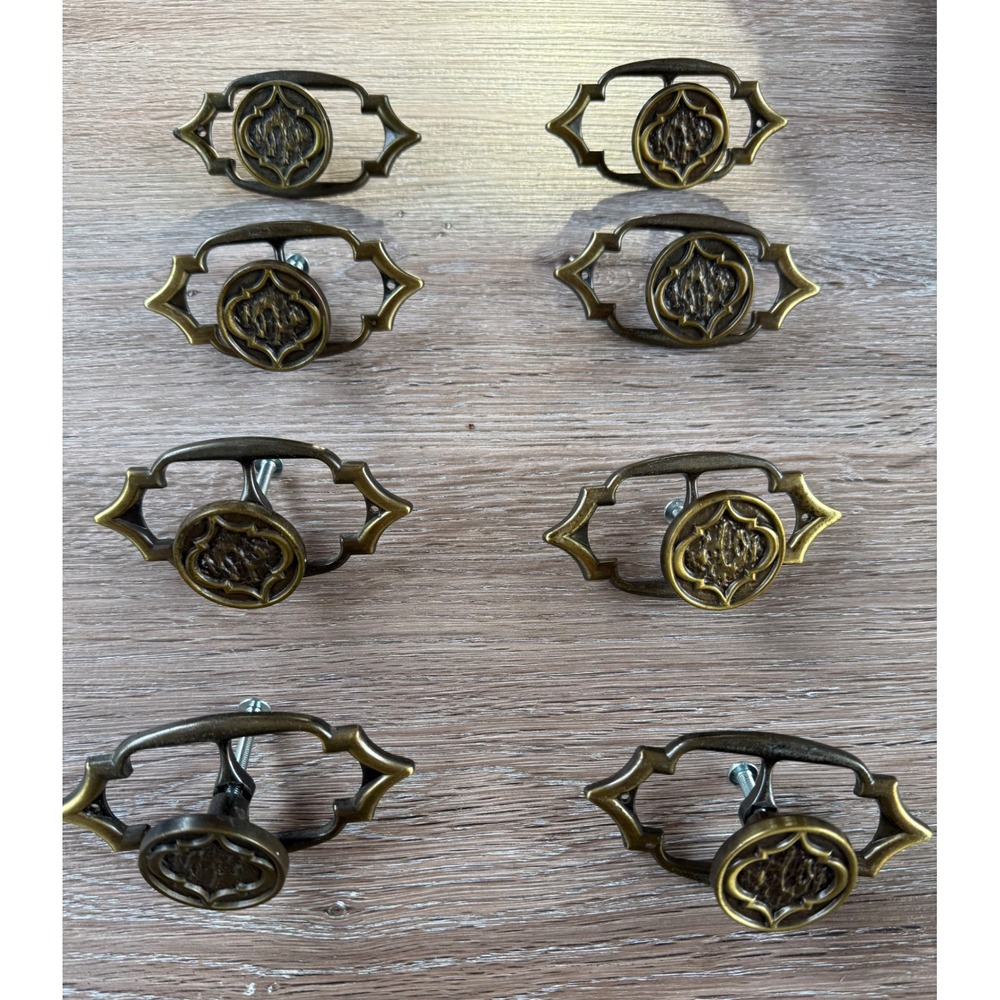8 Vintage Brass Dresser Drawer Pulls Knobs Ornate Backplate Hardware Set 3.5in